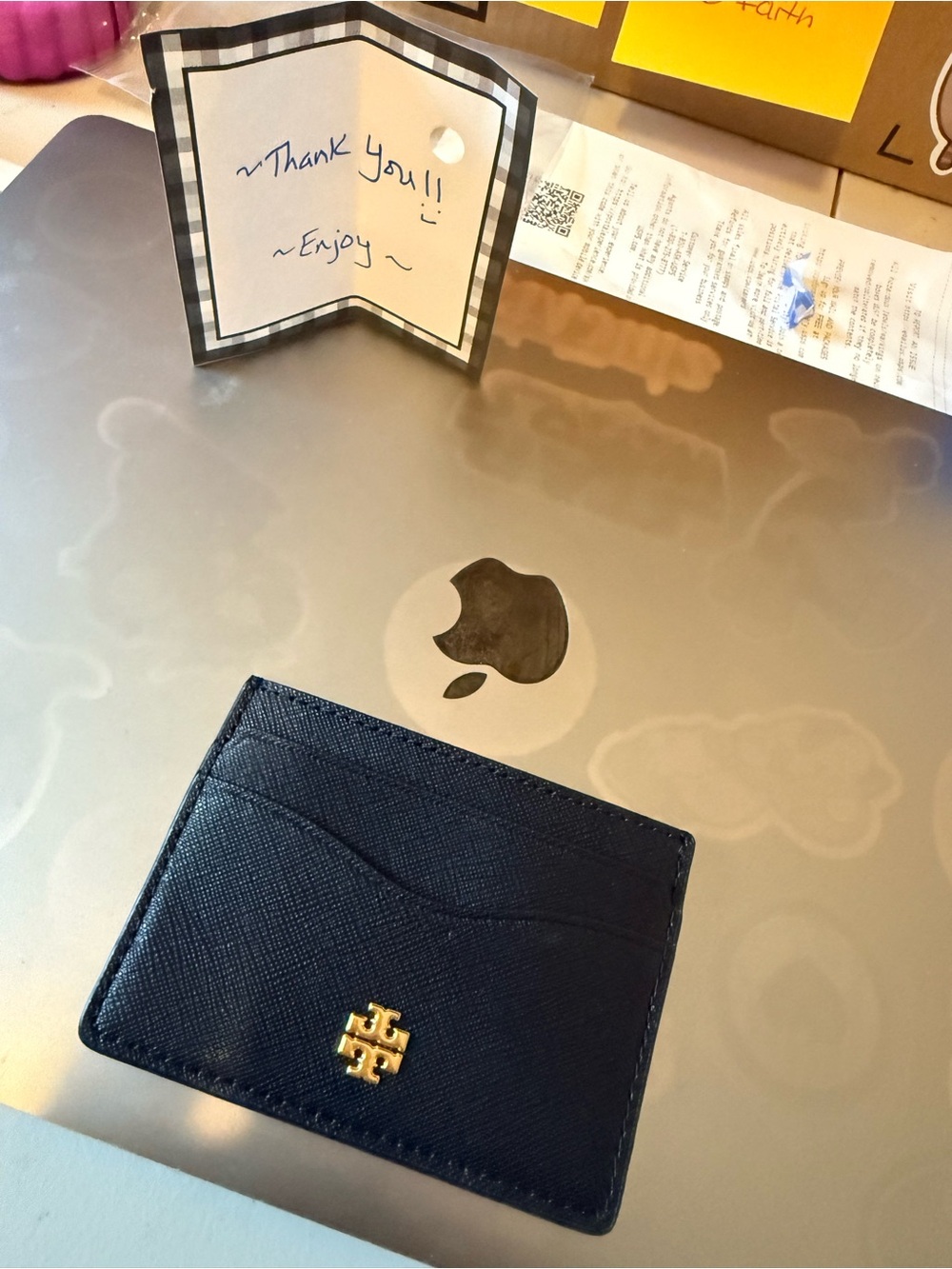 Tory Burch Black Saffiano Leather Slim Card Case with Gold Logo